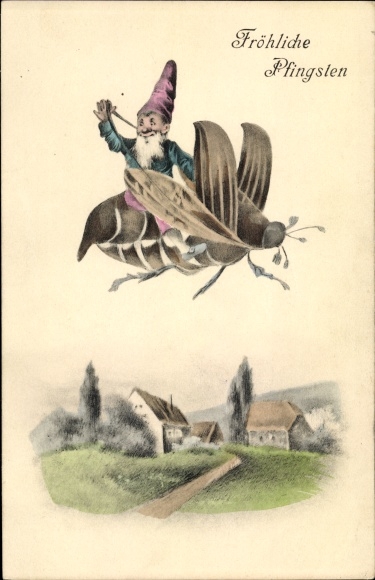 Ak Glückwunsch Pfingsten, Zwerg fliegt auf einem Maikäfer