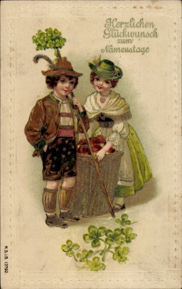 Präge Ak Glückwunsch zum Namenstag, Kinder in Tracht, Kleeblätter
