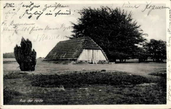 Ak Lüneburger Heide, Reetdachschuppen