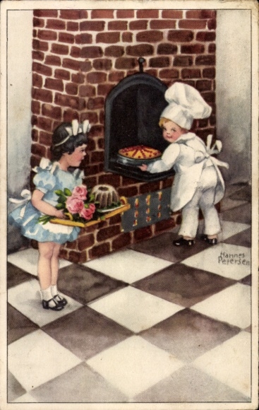 Künstler Ak Petersen, H., Kinder beim Backen, Kuchen