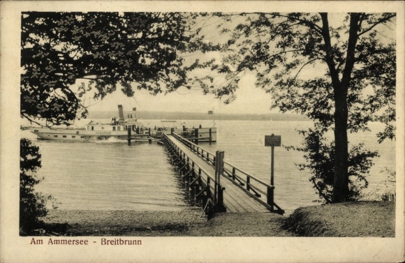 Ak Breitbrunn Herrsching am Ammersee, Am Ammersee,  Bootsanleger, Wasser, Bäume