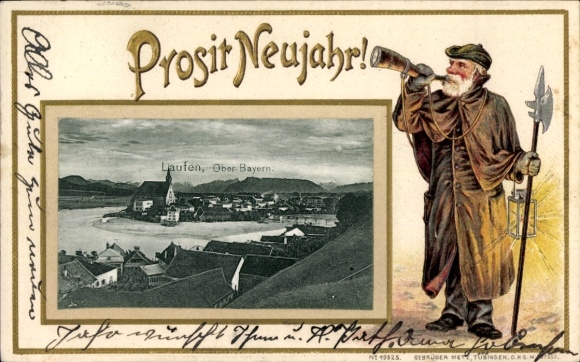 Präge Passepartout Ak Laufen an der Salzach Oberbayern, Gesamtansicht, Neujahr, Nachtwächter