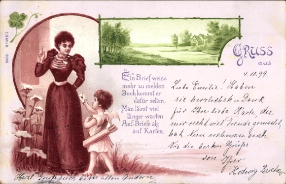 Litho Liebesengel, Brief, Überraschte Frau