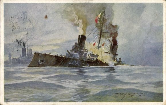 Künstler Ak Heusser, Harry, Ital. Panzerkreuzer Giuseppe Garibaldi, Torpedierung SM U 4