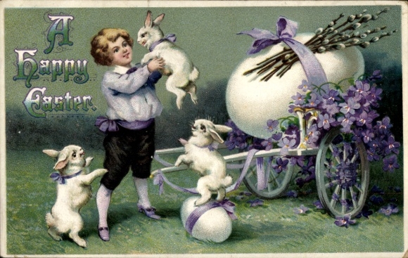 Präge Ak Glückwunsch Ostern, Osterhasen, Osterei, Weidenkätzchen