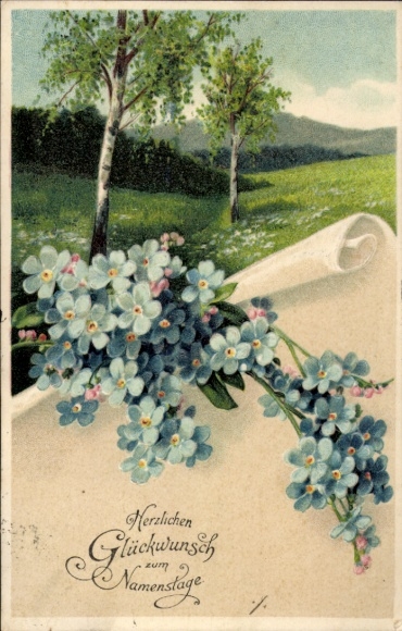 Präge Ak Glückwunsch Namenstag, Vergissmeinnicht