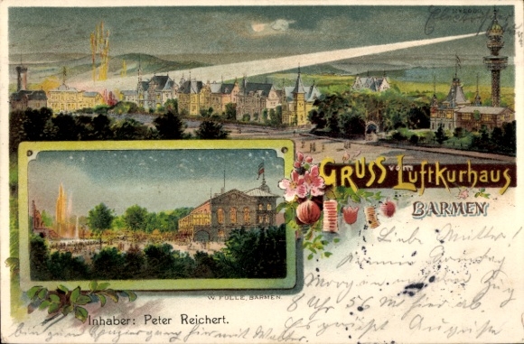 Künstler Litho W. Fülle, Barmen Wuppertal, Luftkurhaus, Inh. Peter Reichert, Feuerwerk