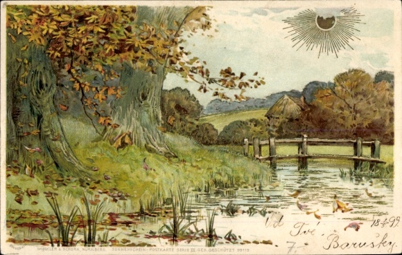 Sonnenschein Litho Landschaftsmotiv, Bäume am Ufer, Herbst
