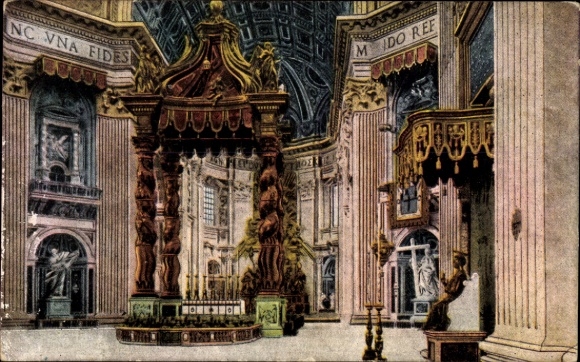 Ak Vatikan Rom Lazio, Innenansicht der Petersbasilika, Säulen, Statuen, religiöse Symbole