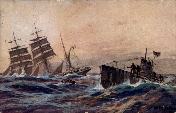 Künstler Ak Stöwer, Willy, Deutsches U Boot versenkt französische Bark, Atlantik, U-Boot Spende 1917