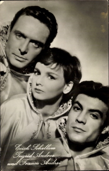 Ak Schauspieler Erich Schellow, Franco Andrei, Schauspielerin Ingrid Andree, Film Drei vom Variete