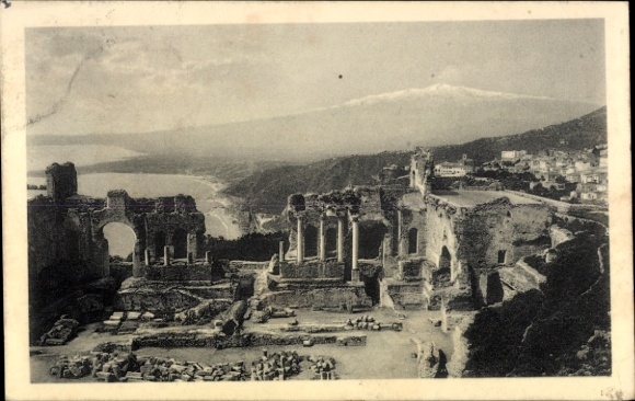 Ak Taormina Sicilia, Teatro Greco e veduta dell' Etna