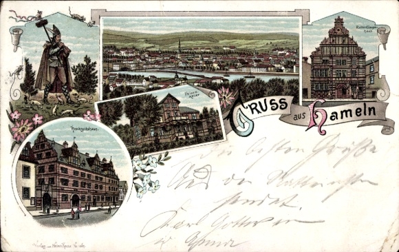 Litho Hameln in Niedersachsen, Rattenfänger und Haus, Hochzeitshaus, Felsenkeller, Totalansicht