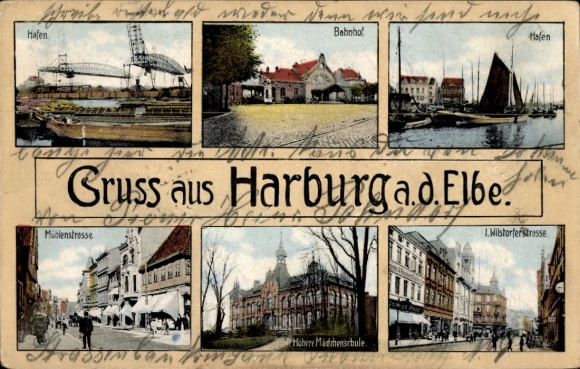 Ak Hamburg Harburg, Hafen, Bahnhof, Mühlenstraße, Wilstorfer Straße, Höhere Mädchenschule