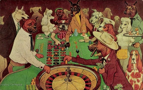 Künstler Ak DeMoss, Crosby, Hunde beim Roulettespiel, Dunes Hotel, Las Vegas, Nevada