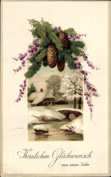 Ak Glückwunsch Neujahr, Winterlandschaft, Tannenzweige