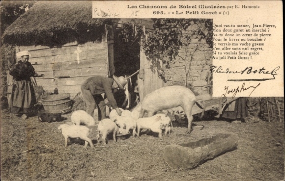 Ak Chansons de Botrel, Le Petit Goret, Bauernpaar, Schweine