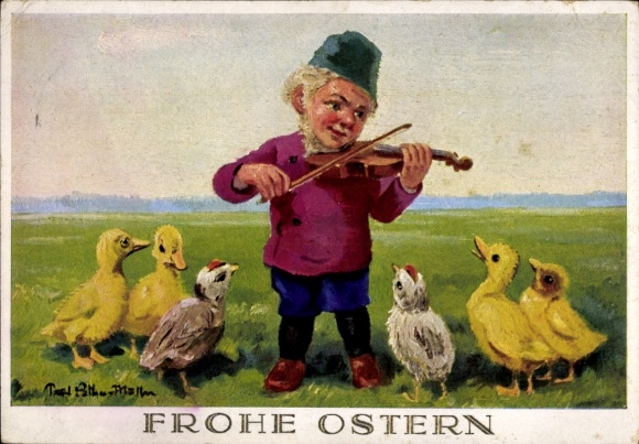 Künstler Ak Müller, Paul Lothar, Glückwunsch Ostern, Küken, der Geiger