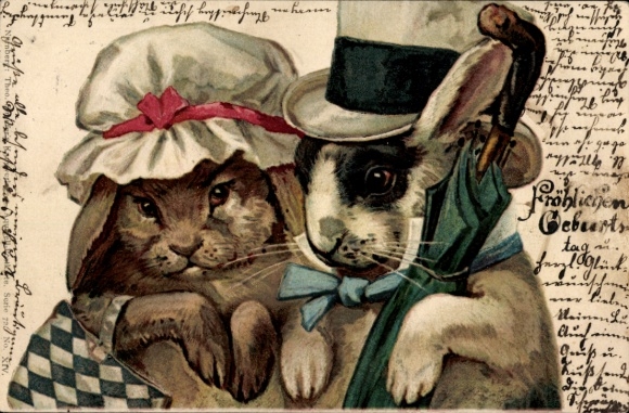 Litho Vermenschlichtes Hasenpaar, Haube, Zylinder, Schirm