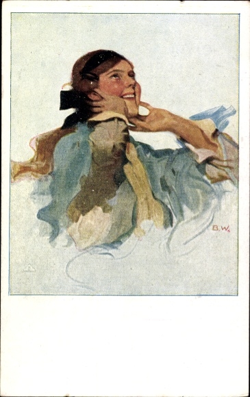 Künstler Ak Wennerberg, Bruno, Junge Frau schaut lachend in den Himmel