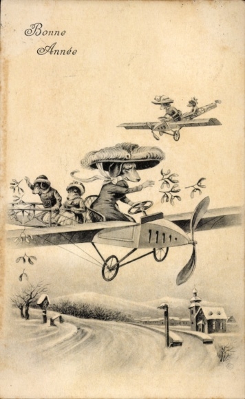 Ak Glückwunsch Neujahr, Vermenschlichte Dackel, Flugzeug, Mistelzweige