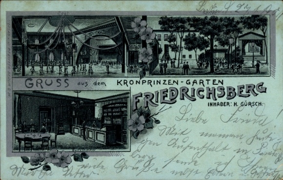 Mondschein Litho Berlin Lichtenberg Friedrichsberg, Kronprinzengarten, Inh. H. Gürsch