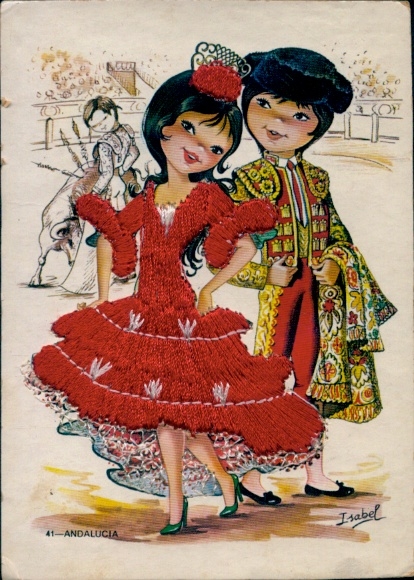 Seidenstick Künstler Ak Isabel, Paar, Frau in rotem Kleid, Torero, Stierkampf