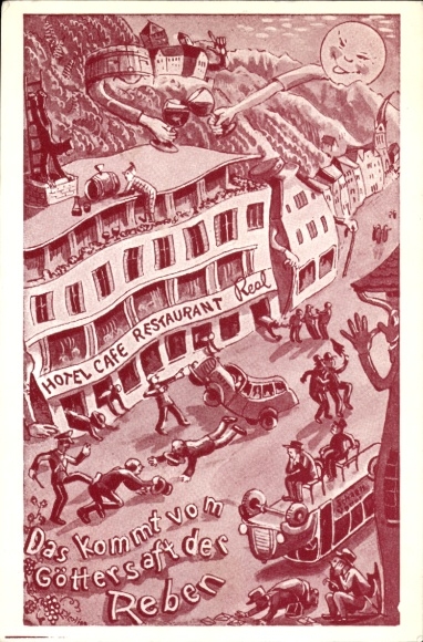 Künstler Ak Vaduz Liechtenstein, Hotel Restaurant Real, betrunkene Männer