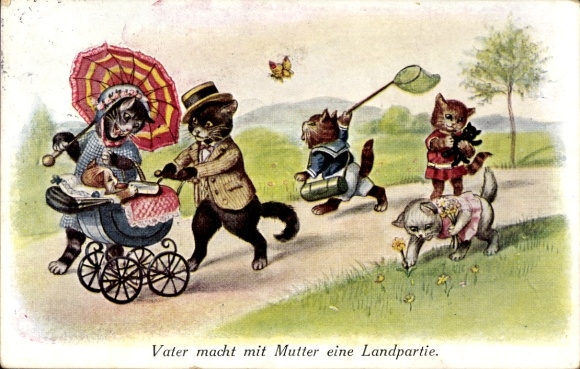 Ak Katzen, Vater macht mit Mutter eine Landpartie, Kinderwagen, Schmetterlingsjagd
