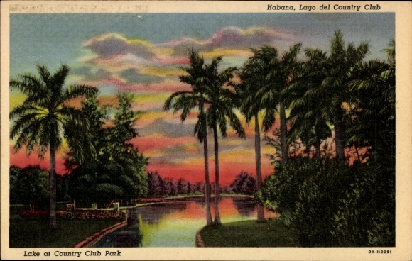 Ak Havanna Habana Kuba, Landschaft mit Palmen, See, Sonnenuntergang, Lago del Country Club
