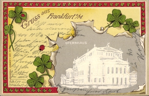 Präge Passepartout Ak Frankfurt am Main, Opernhaus, Kleeblätter, Marienkäfer
