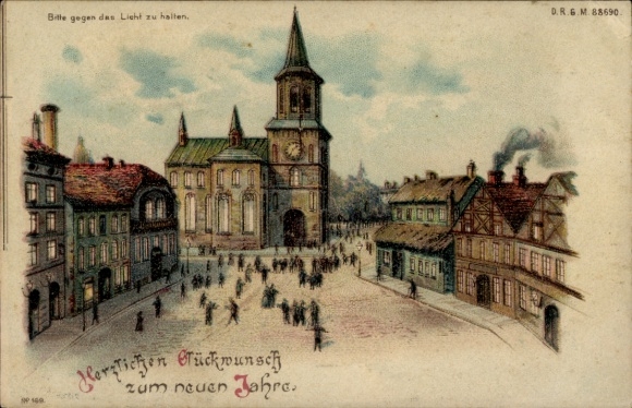 Halt gegen das Licht Litho Glückwunsch Neujahr, Ortspartie, Kirche
