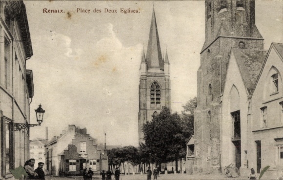 Ak Ronse Renaix Ostflandern,  Place des Deux Eglises, Kirchturm, Straßenansicht