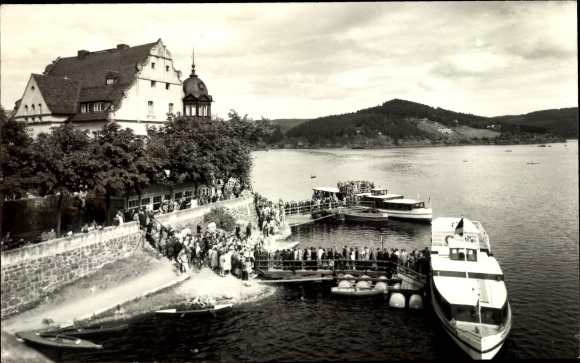 Ak Saalburg Ebersdorf Thüringen, Stausee Bleiloch Saaletalsperre, Schifffahrt am HO Hotel Kranich
