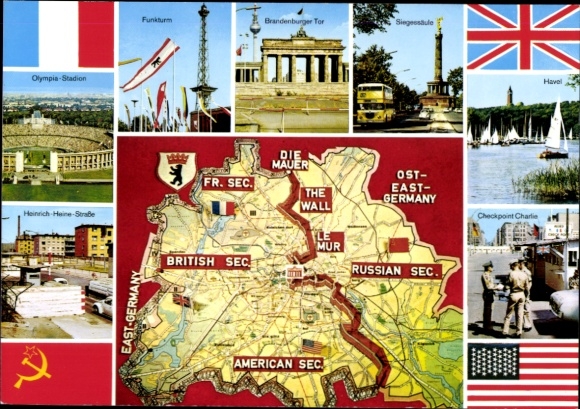 Stadtplan Ak Berlin, Berliner Mauer, Checkpoint Charlie, Olympiastadion, Funkturm, Brandenburger Tor