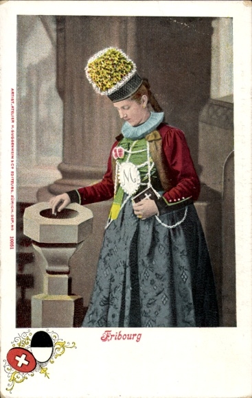 Ak Kanton Freiburg, Frau in Volkstracht, Bibel, Weihwasser, Schweiz, Wappen