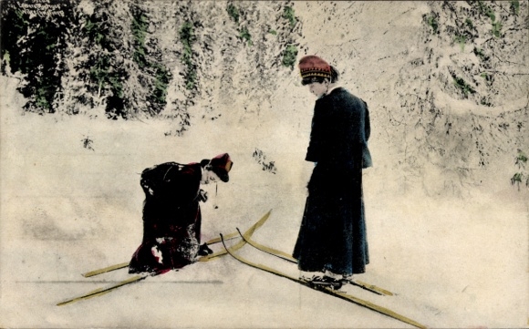 Ak Norwegen, Zwei Frauen beim Skifahren