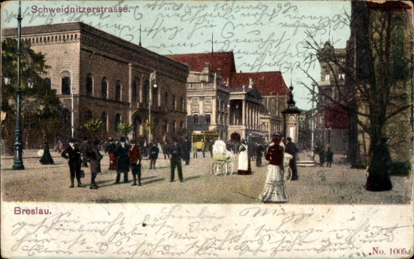 Ak Wrocław Breslau Schlesien, Schweidnitzerstraße,  Menschen, Straßenansicht, 