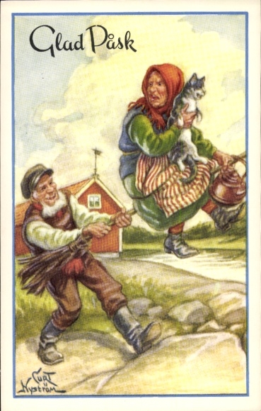 Künstler Ak Nyström, Curt, Frohe Ostern, Osterhexe auf einem Besen, Katze, Mann
