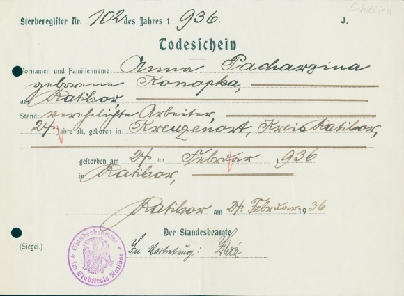 Sterbeurkunde, Anna geb. Konopka, 24. Jahre alt, 24. Januar 1936, gestorben in Ratibor