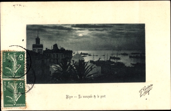 Ak Algier Alger Algerien, La mosquee et le port, Mondschein