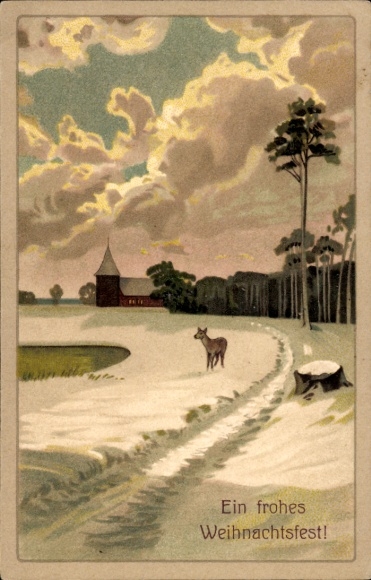 Litho Frohe Weihnachten, Dorfidyll, Reh