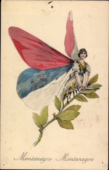 Ak Montenegro, Frau mit Schmetterlingsflügeln in den Nationalfarben
