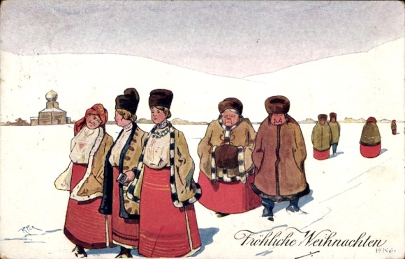 Künstler Ak Fröhliche Weihnachten, Spaziergang im Schnee