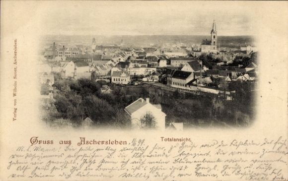 Ak Aschersleben im Salzlandkreis, Totalansicht von  Häuser, Kirche, Landschaft