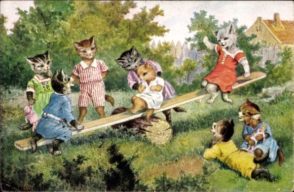 Künstler Ak Vermenschlichte Katzenkinder, Wippe