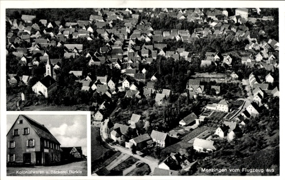 Ak Menzingen Kt Zug Schweiz, Luftaufnahme von  Kolonialwaren u. Bäckerei Bürkle