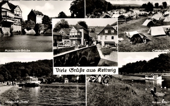 Ak Kettwig Essen im Ruhrgebiet, Mühlenteichbrücke, Campingplatz, Hotelschiff Thells