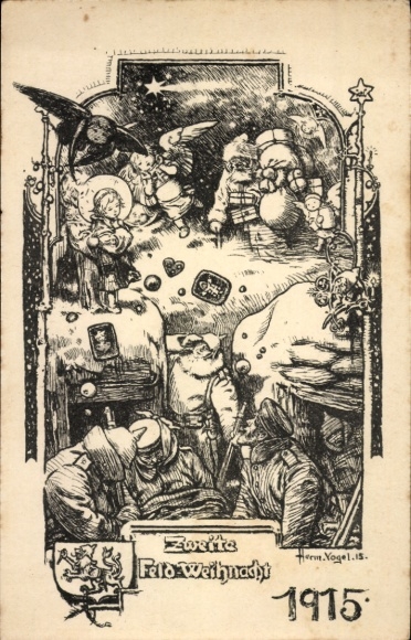 Künstler Ak Vogel, Zweite Feld-Weihnacht 1915, Soldaten im Unterstand, Weihnachtsmann, Engel