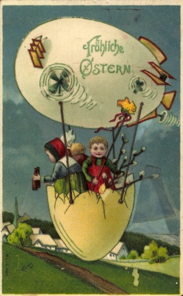 Ak Glückwunsch Ostern, Kinder im Ostereier-Luftschiff, Klee